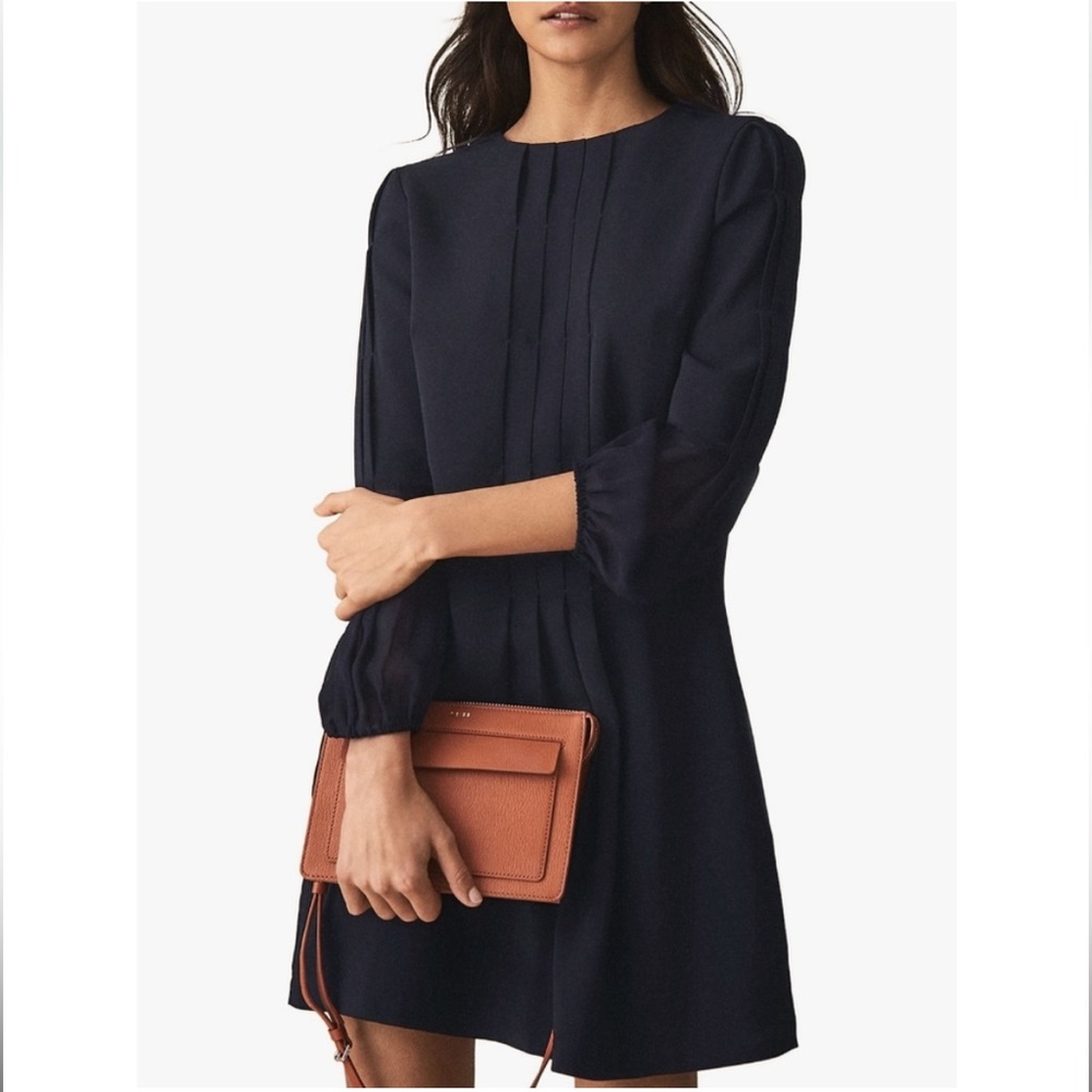 REISS Delfina Pintuck-detail Dress Navy NWT